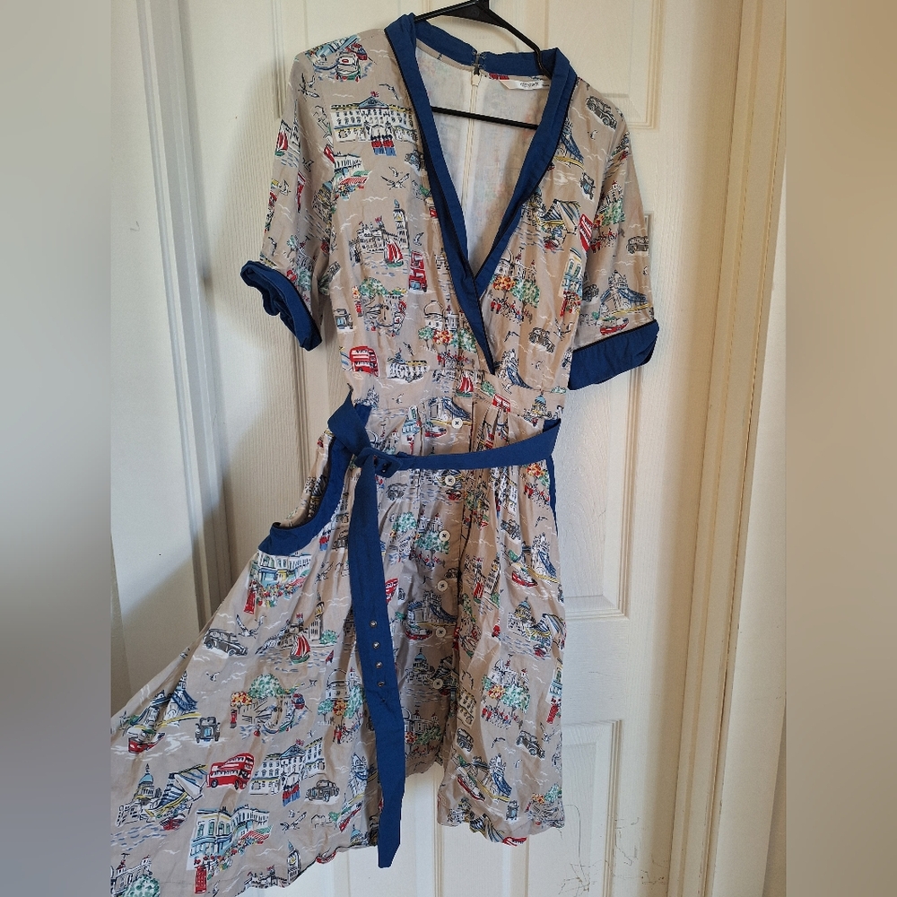 Beige and Blue Printed Dress